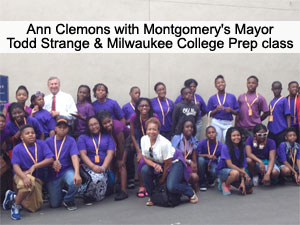 Ann Clemons with Montgomery's Mayor Todd Strange and Milwaukee College Prep class